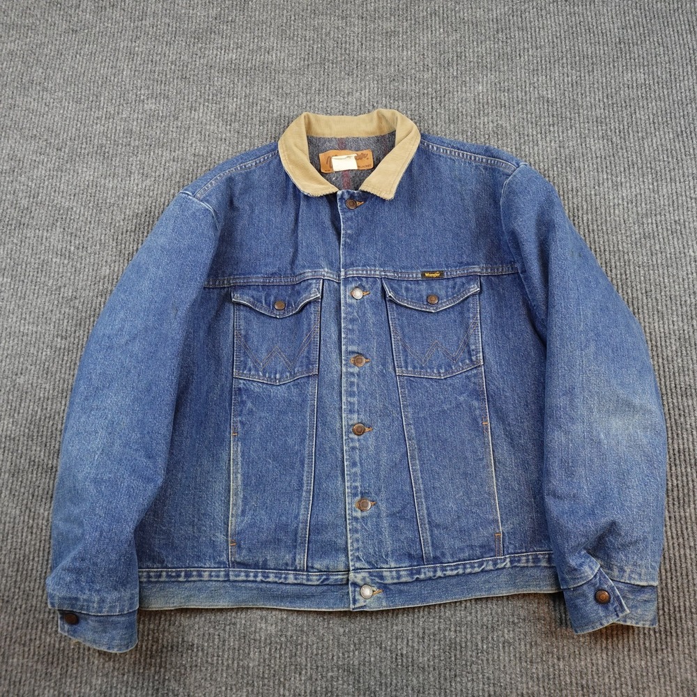 Vintage Wrangler Jacket Mens 50 Blue Denim Corduroy Collar Lined Western Bomber